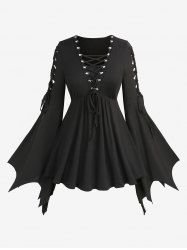 Plus Size Lace Up Asymmetrical Braided Flare Sleeves Ribbed Top -  