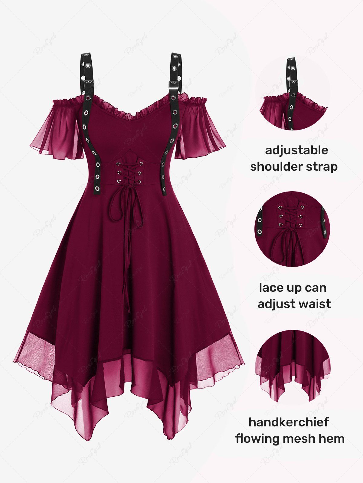 Hot Gothic Plus Size Cold Shoulder Lace Up Grommet Handkerchief Chiffon Asymmetric Dress  