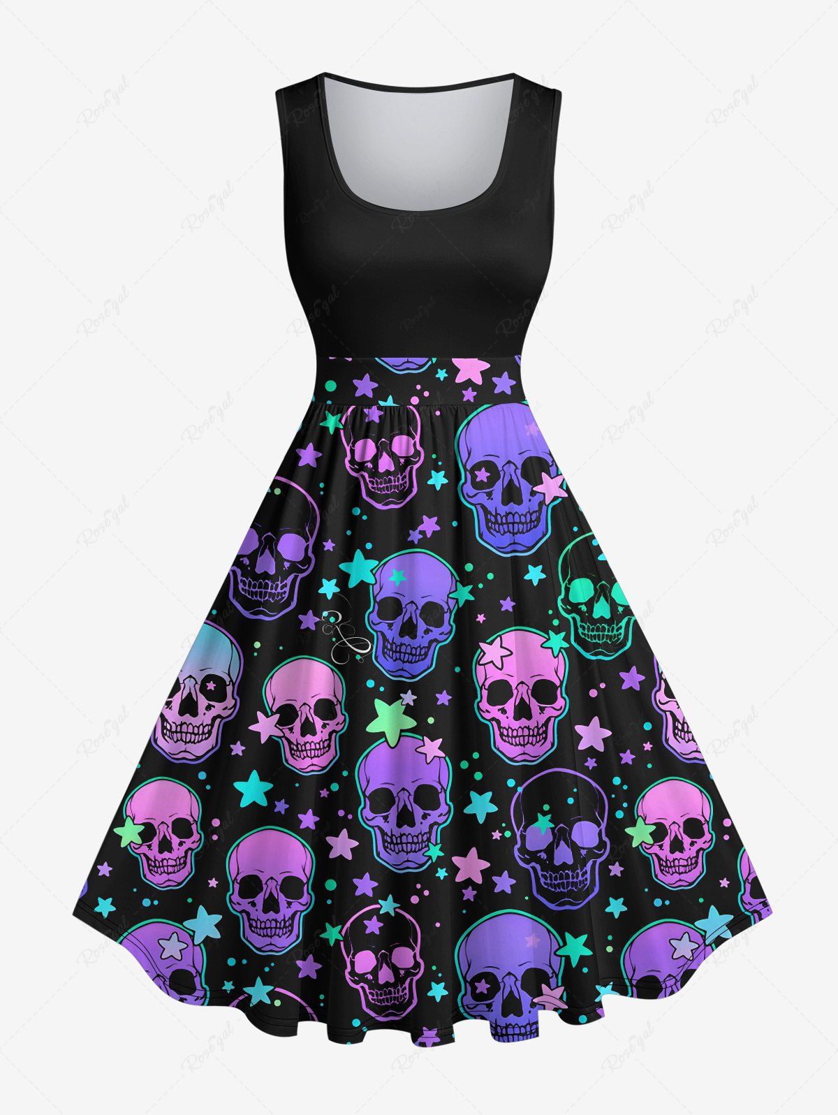 Robe Costume D'Halloween Vintage Crâne Colorée Imprimée de Grande Taille Multi-A 4X