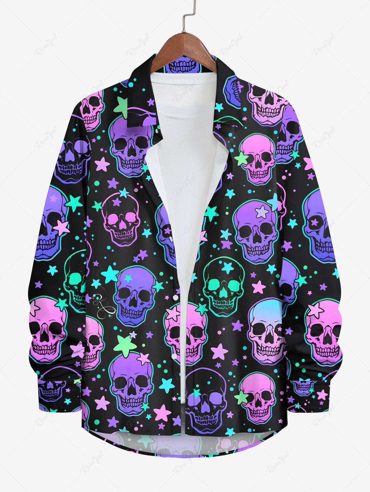 Outfit Plus Size Halloween Colorful Skulls Stars Print Buttons Long Sleeve Shirt For Men  
