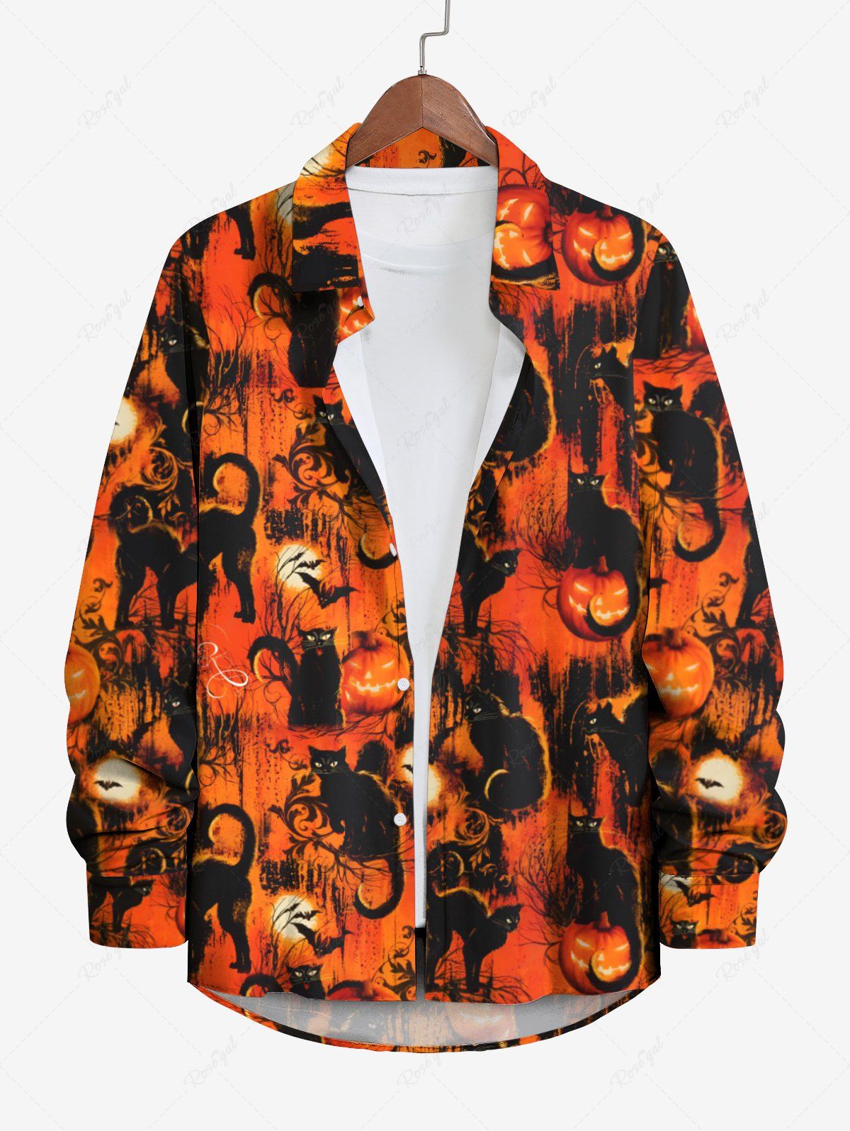 Trendy Plus Size Halloween Costume Cat Pumpkin Bat Print Buttons Long Sleeve Shirt For Men  