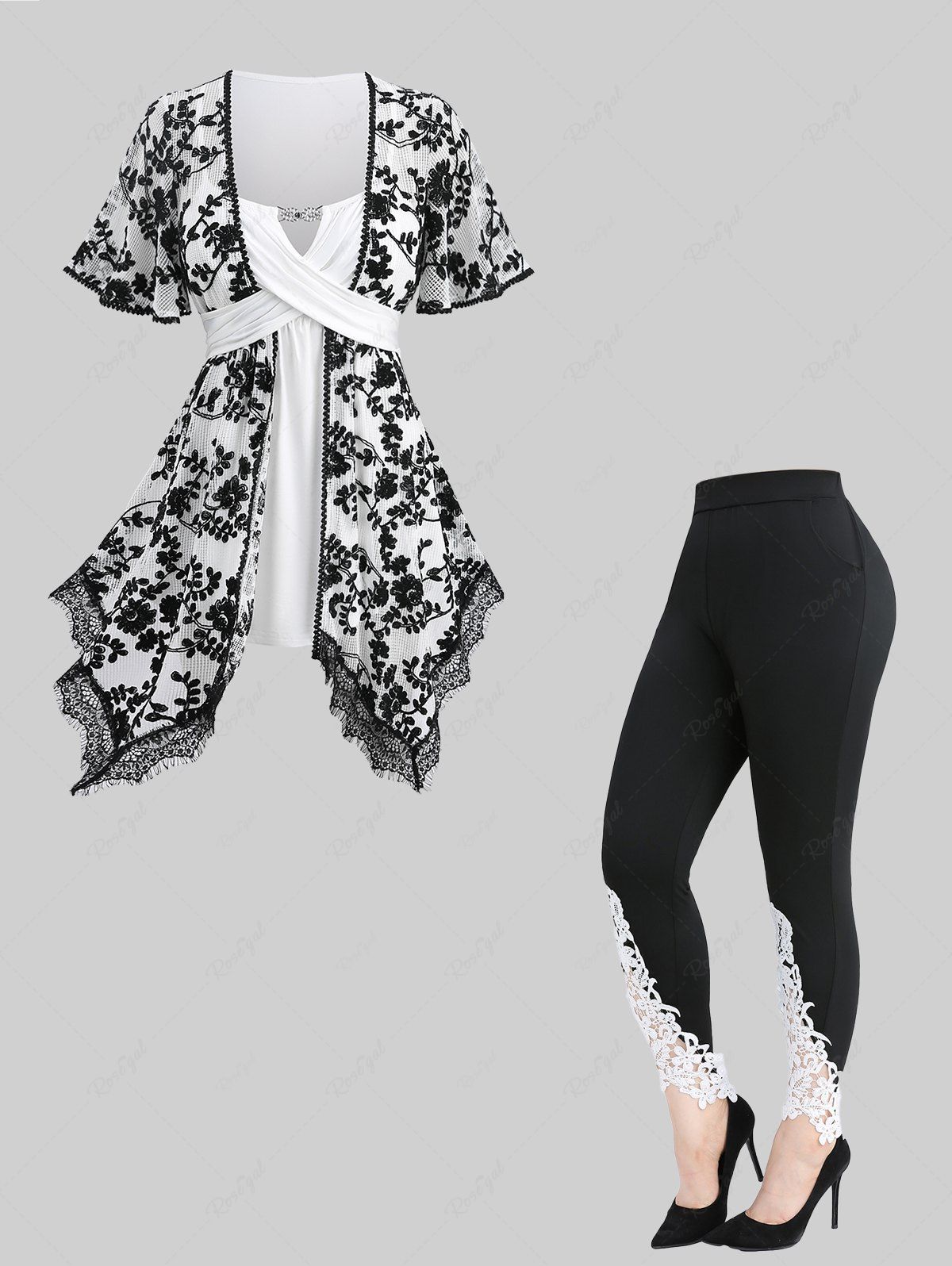 Discount Floral Embroidery Mesh Tassel Lace Trim Crisscross Top and Appliques Leggings Plus Size Outfit  