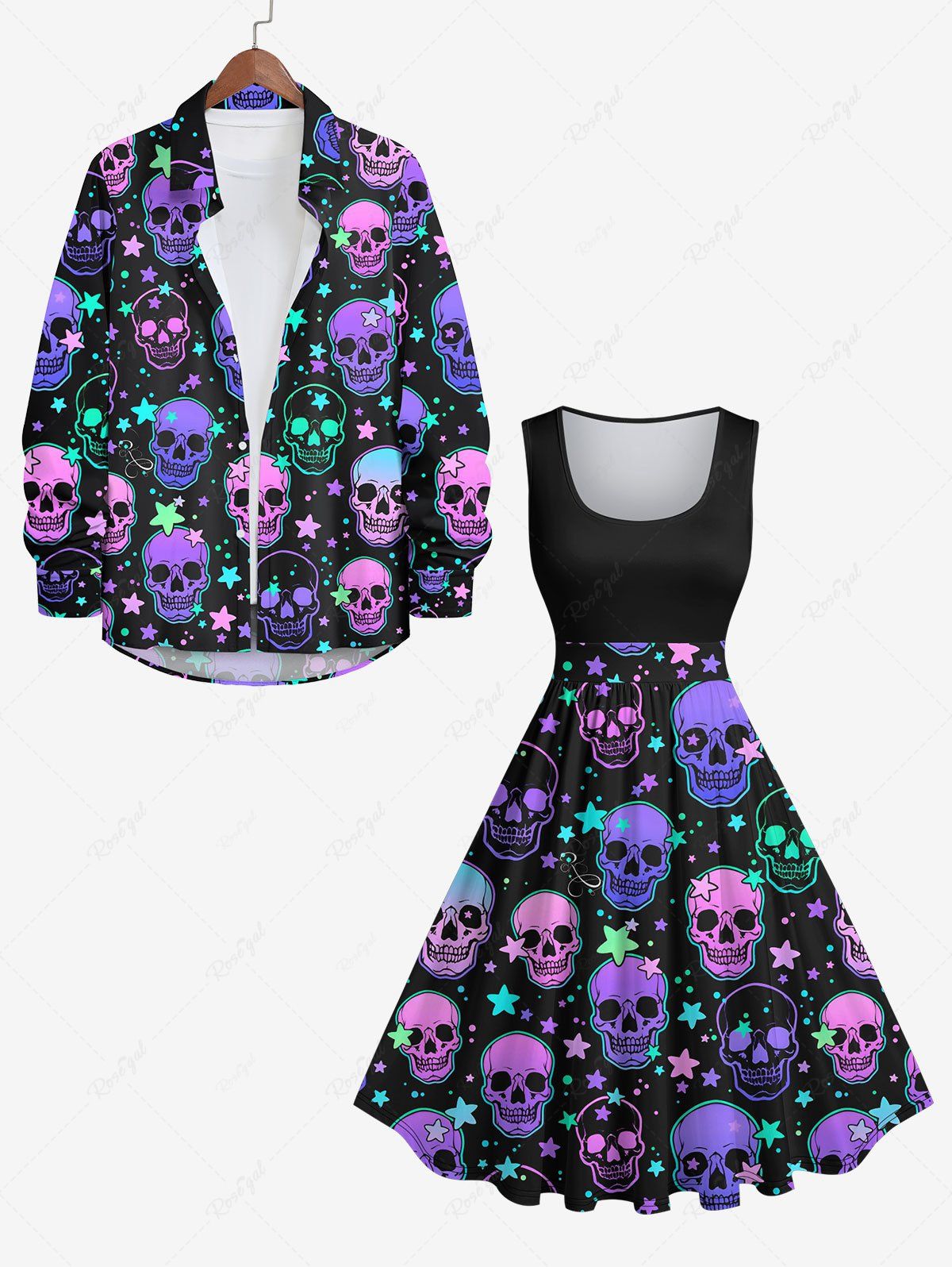 Cheap Halloween Costume Colorful Skulls Stars Print Plus Size Matching Outfit For Couples  