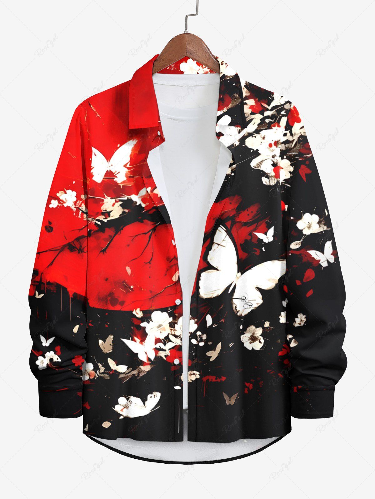 Chic Plus Size Butterfly Tree Branch Floral Ink Painting Print Halloween Button Shirt For Men  