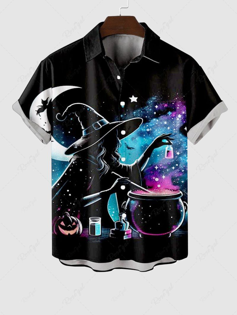 Fancy Plus Size Pumpkin Wizard Pot Moon Star Colorful Galaxy Print Halloween Button Pocket Shirt For Men  