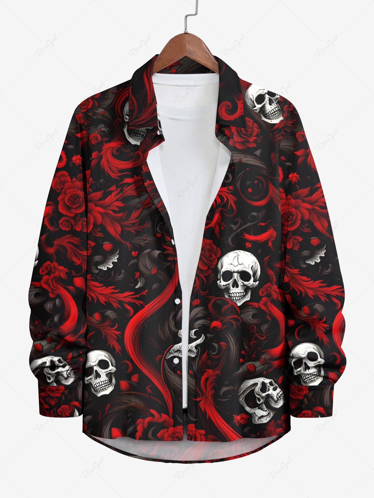 Hot Plus Size Halloween Costume Skulls Rose Flower Print Buttons Long Sleeve Shirt For Men  