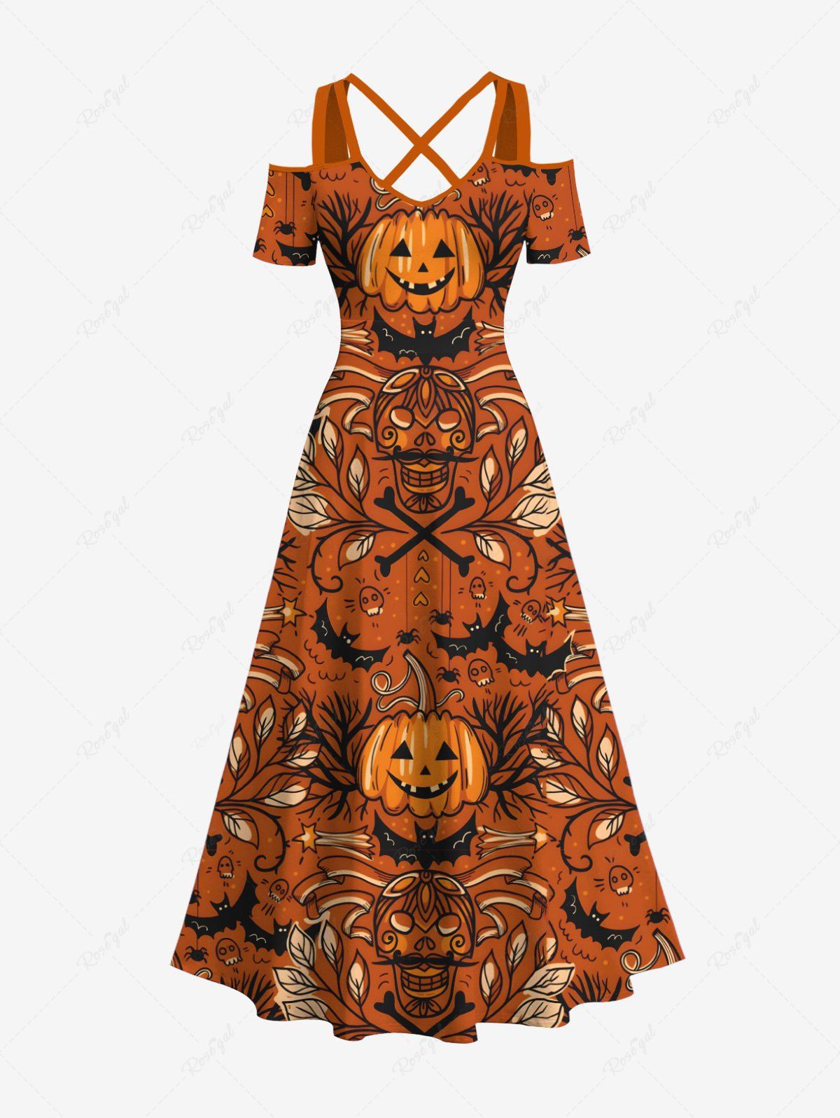 Maxi Robe D'Halloween Citrouille Chauve-souris Crâne Imprimés à Epaule Dénudée Grande Taille Multi-A 5X