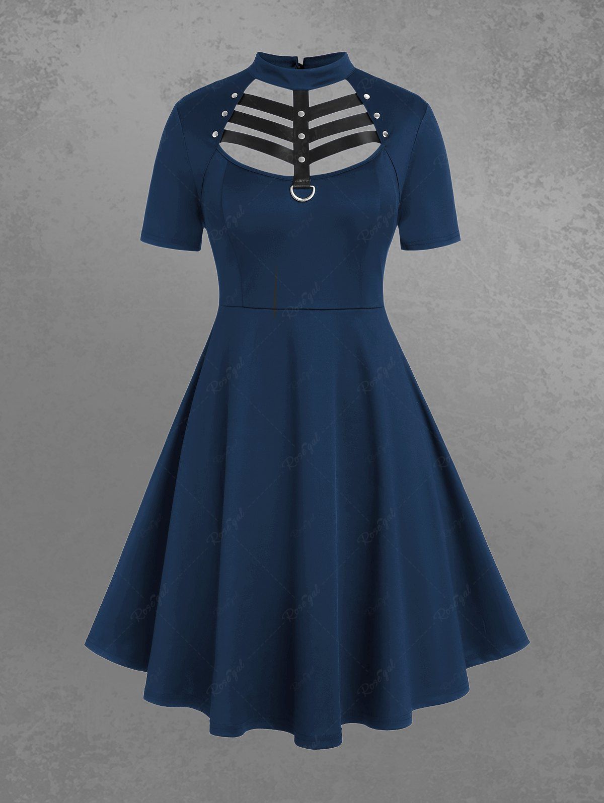 Trendy Gothic D-ring PU Leather Panel Ladder Cutout Dress  