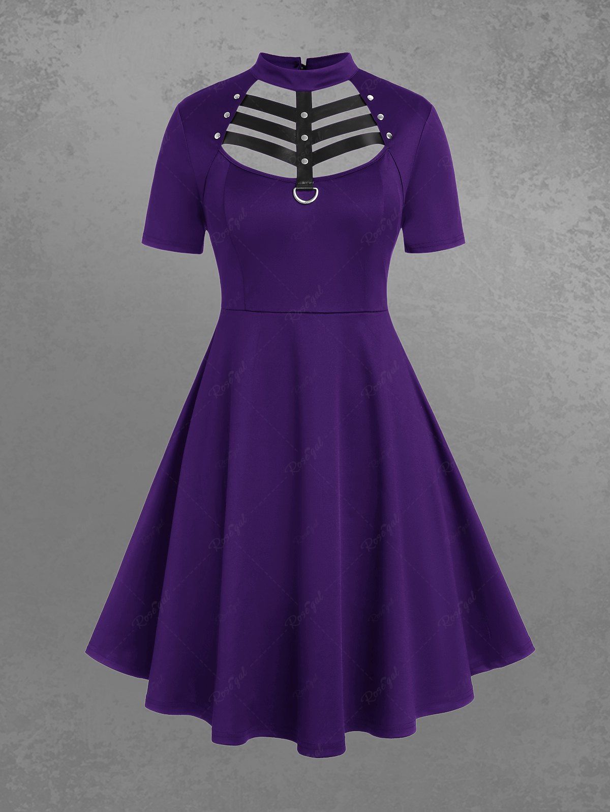 New Gothic D-ring PU Leather Panel Ladder Cutout Dress  
