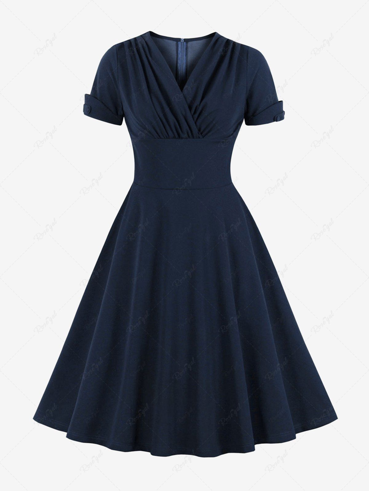 Unique Plus Size Surplice Ruched Zipper Solid Color Vintage Dress  