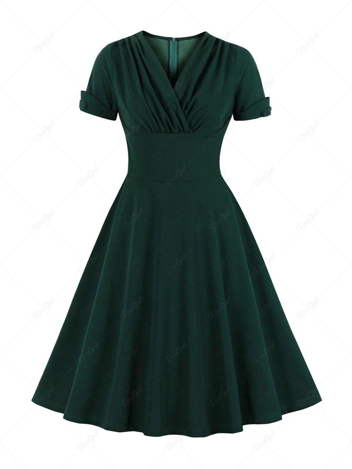 Fashion Plus Size Surplice Ruched Zipper Solid Color Vintage Dress  