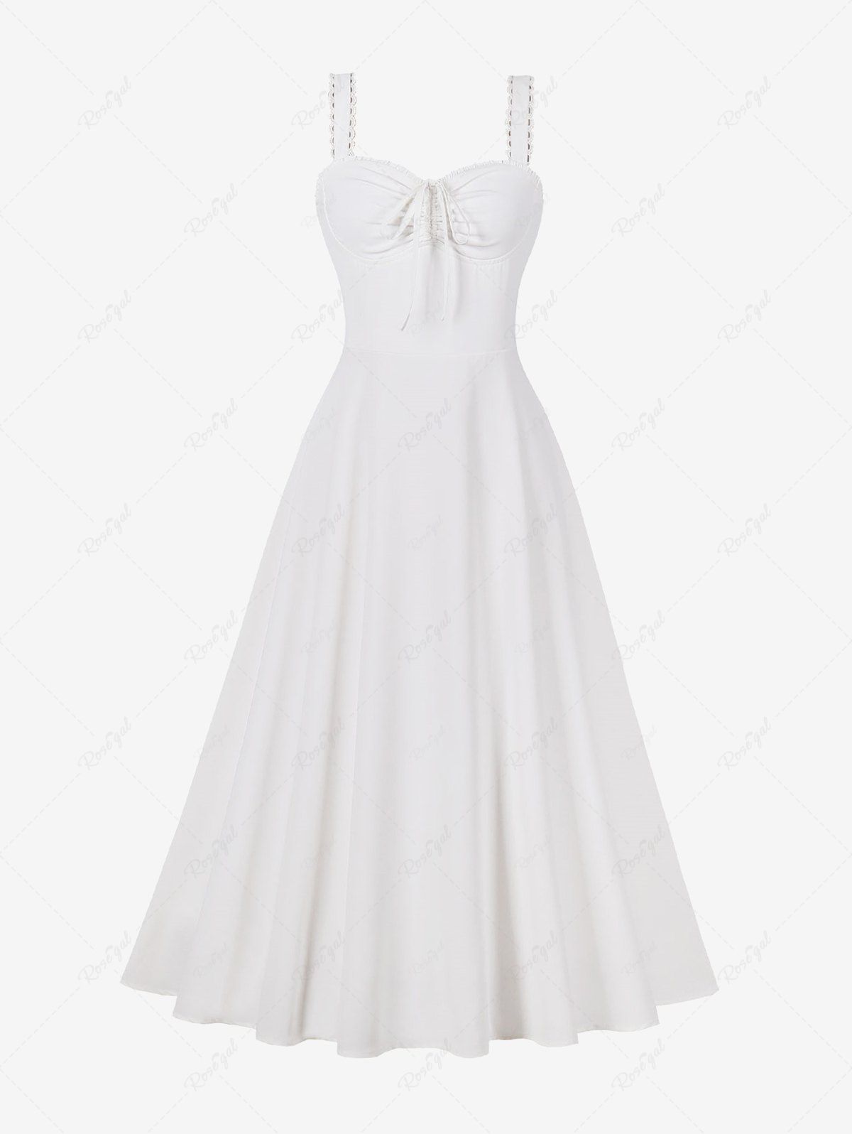 Unique Solid Color Cinched Ruched Bowknot Lace Trim Tank Vintage Dress  