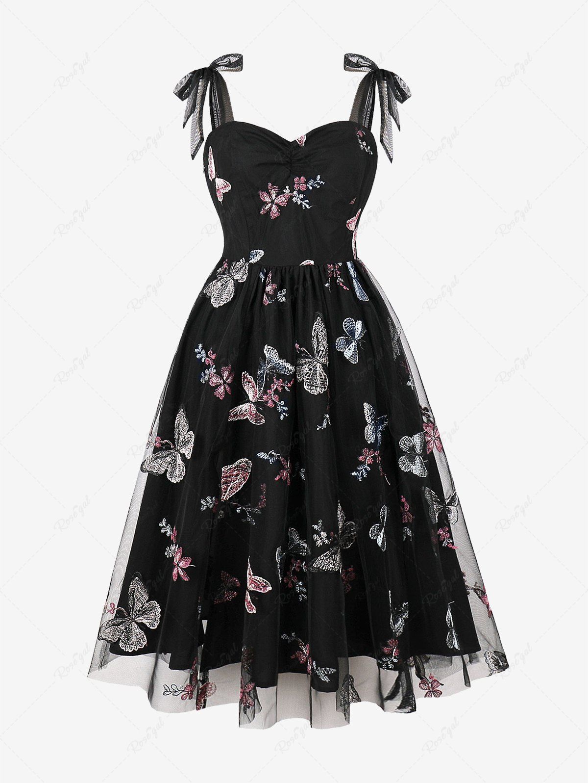 Fancy Butterfly Flower Embroidery Mesh Zipper Tie Bowknot Tank Vintage Dress  