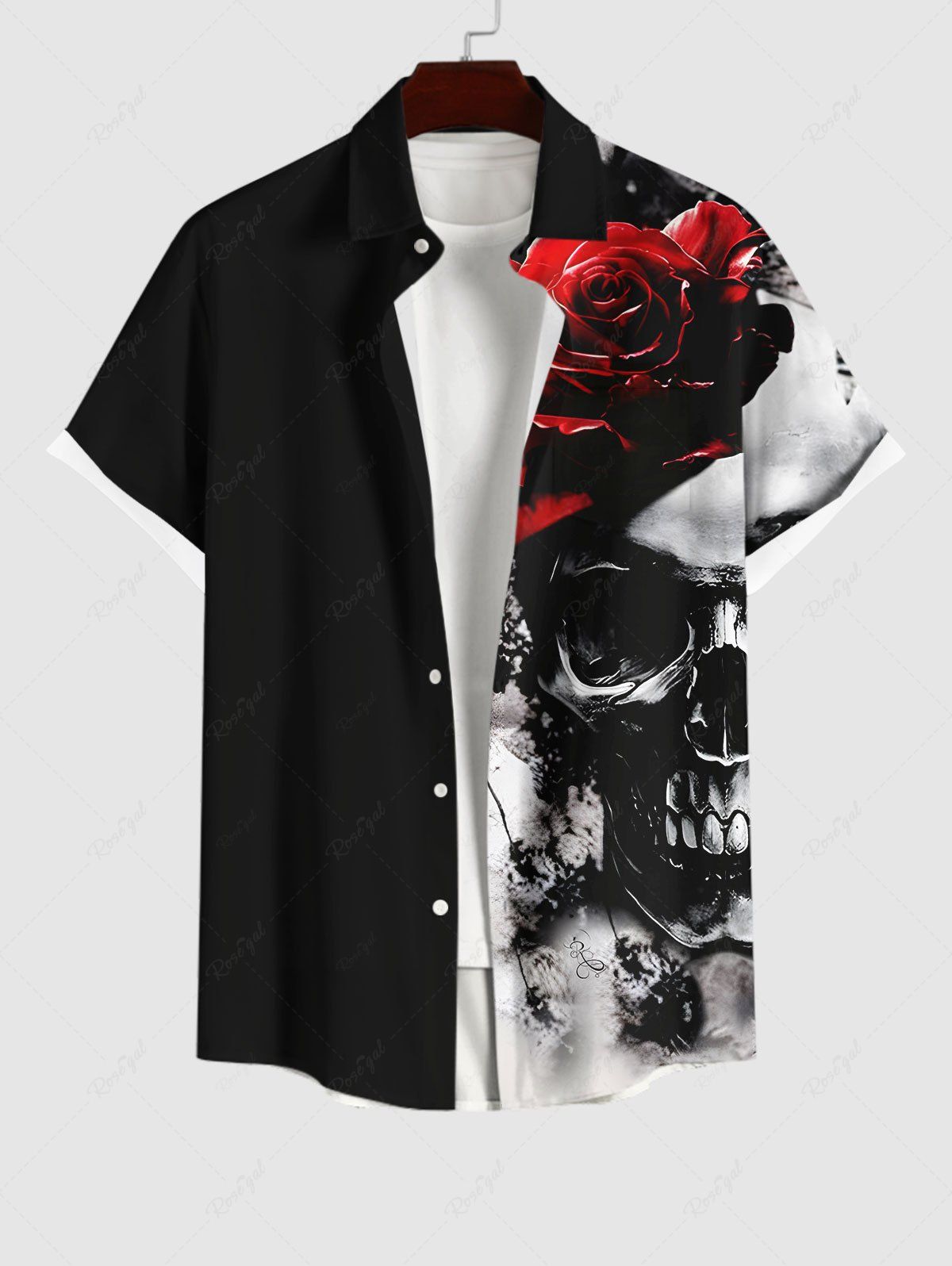 Sale Plus Size Skull Rose Flower Ink Painting Print Halloween Button Pocket Shirt For Men  