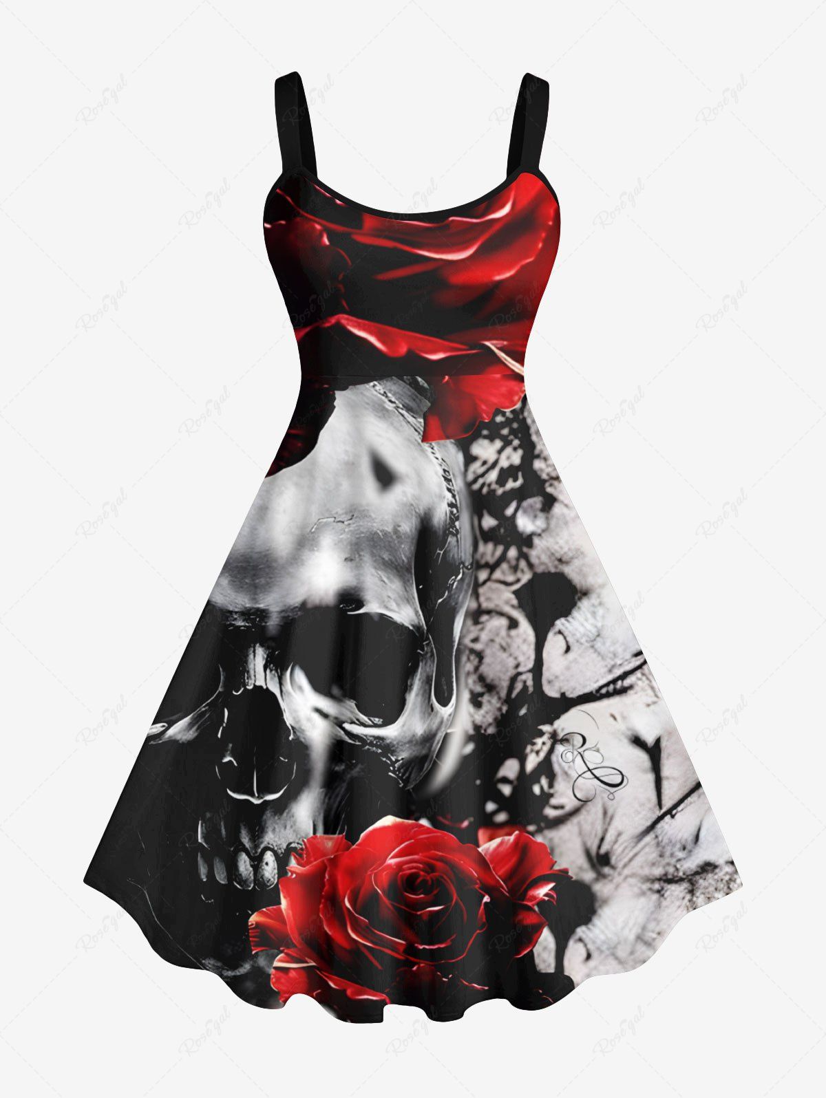 Robe D'Halloween Ligne A Rose Crâne Peinture D'Encre Imprimés de Grande Taille Noir M