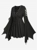 Plus Size Lace Up Asymmetrical Braided Flare Sleeves Ribbed Top -  