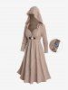 Plus Size Cable Knitted Ribbed Textured Ruched Pockets Horn Button Hooded Dress -  