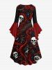 Plus Size Halloween Costume Skulls Rose Flower Print Ruched Flare Sleeve High Low Dress -  