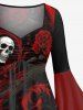 Plus Size Halloween Costume Skulls Rose Flower Print Ruched Flare Sleeve High Low Dress -  