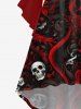 Plus Size Halloween Costume Skulls Rose Flower Print Ruched Flare Sleeve High Low Dress -  