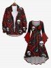 Plus Size Halloween Costume Skulls Rose Flower Print Ruched Flare Sleeve High Low Dress -  