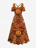 Maxi Robe D'Halloween Citrouille Chauve-souris Crâne Imprimés à Epaule Dénudée Grande Taille - Multi-A 5X
