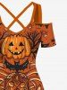 Maxi Robe D'Halloween Citrouille Chauve-souris Crâne Imprimés à Epaule Dénudée Grande Taille - Multi-A 5X