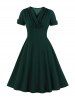 Plus Size Surplice Ruched Zipper Solid Color Vintage Dress -  