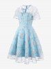 Flowers Leaves Embroidery Mesh Tie Zipper Keyhole Neck Vintage Dress -  
