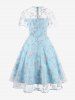 Flowers Leaves Embroidery Mesh Tie Zipper Keyhole Neck Vintage Dress -  