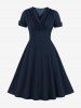 Plus Size Surplice Ruched Zipper Solid Color Vintage Dress -  
