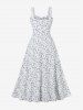 Flower Leaf Print Cinched Bowknot Lace Trim Tank Vintage Dress -  