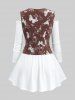 Plus Size Butterfly Flowers Print Buttons Vest and Ruffles Ruched Cold Shoulder Top -  