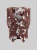 Plus Size Butterfly Flowers Print Buttons Vest and Ruffles Ruched Cold Shoulder Top -  