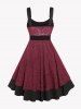 Plus Size Vintage Floral Lace Jacquard Buckled Straps Fit and Flare Belted Dress -  