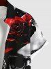 Plus Size Skull Rose Flower Ink Painting Print Halloween Button Pocket Shirt For Men -  