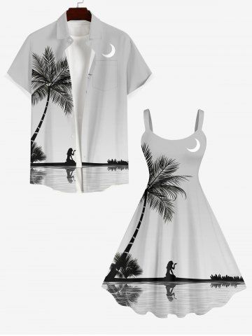 Coconut Tree Moon Lady Reflection Print Plus Size Matching Hawaii Beach Outfit For Couples - LIGHT GRAY