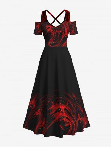 Plus Size Halloween Costume Ghost Fire Flame Print Cold Shoulder Crisscross Maxi Dress - BLACK - 1X