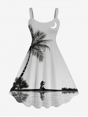 Plus Size Coconut Tree Moon Lady Reflection Print Hawaii Tank Dress - LIGHT GRAY - 1X