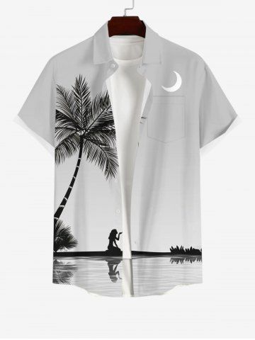 Plus Size Coconut Tree Moon Lady Reflection Print Buttons Pocket Hawaii Shirt For Men - LIGHT GRAY - 4XL