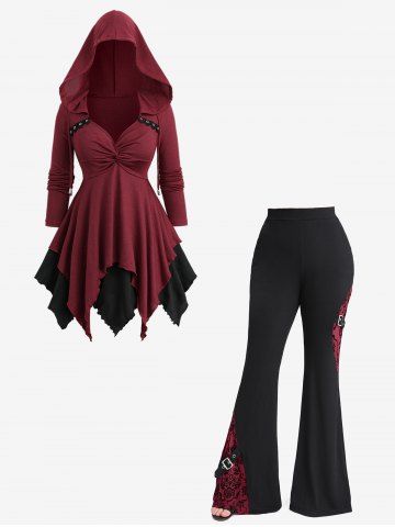 Twist Drawstring Hooded Layered Handkerchief Top and Floral Mesh Flockinig Ribbed Flare Pants Plus Size Outfit - DEEP RED