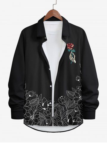 Plus Size Skeleton Hand Rose Flower Leaf Print Halloween Button Shirt For Men - BLACK - L