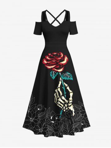 Plus Size Skeleton Hand Rose Flower Leaf Print Halloween Costume Crisscross A Line Maxi Dress - BLACK - M