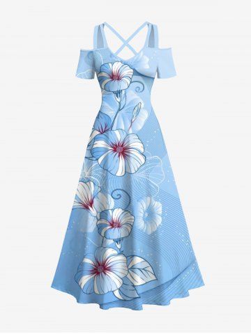 Plus Size Morning Glory Flower Curve Line Print Hawaii Ombre Crisscross A Line Maxi Dress - BLUE - XS