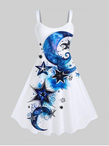 Plus Size Moon Star Curve Ombre Galaxy Print Hawaii A Line Tank Dress - WHITE - XS