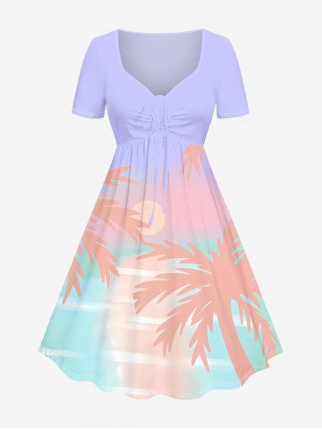 Plus Size Coconut Tree Sun Print Hawaii Ombre Cinched A Line Dress - MULTI-A - 4X