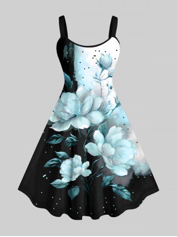 Plus Size Flower Dots Colorblock Print Hawaii Ombre A Line Tank Dress