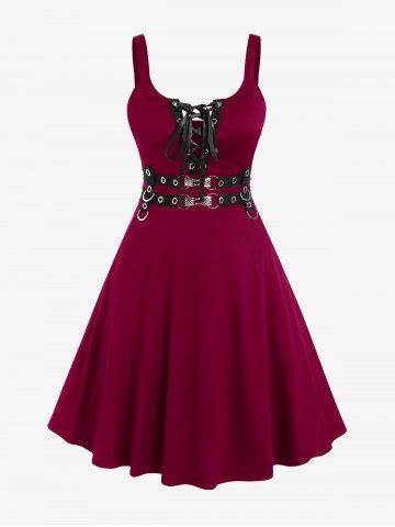 Plus Size Lace Up Grommets Fit and Flare Dress - DEEP RED - L | US 12