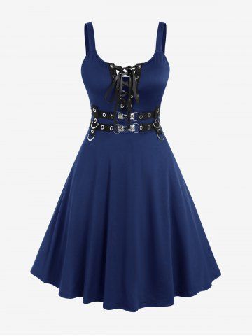 Plus Size Lace Up Grommets Fit and Flare Dress - DEEP BLUE - L | US 12