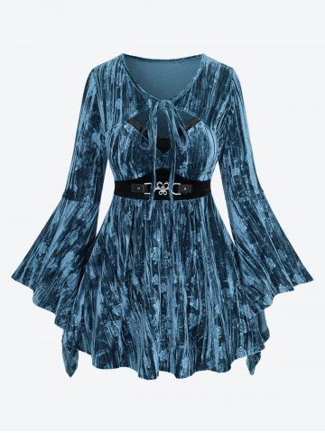 Plus Size Embossed Frilled Flare Sleeves Cut Out Panel Tied Belted Velvet T-shirt - DEEP BLUE - 3X | US 22-24